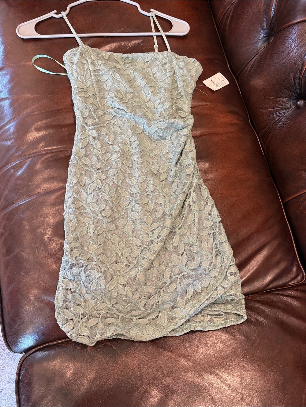 Windsor Light Sage Lace Mini Dress with Spaghetti Straps